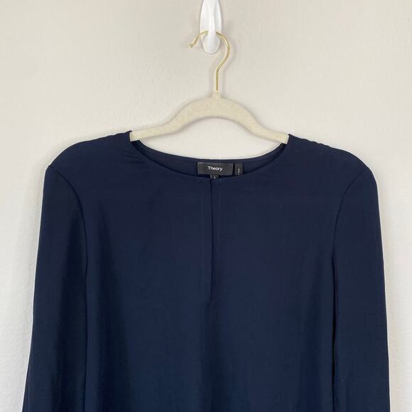 THEORY Slit Front Classic Tunic Georgette Navy Blue Size Small Silk Office Work - Picture 3 of 8